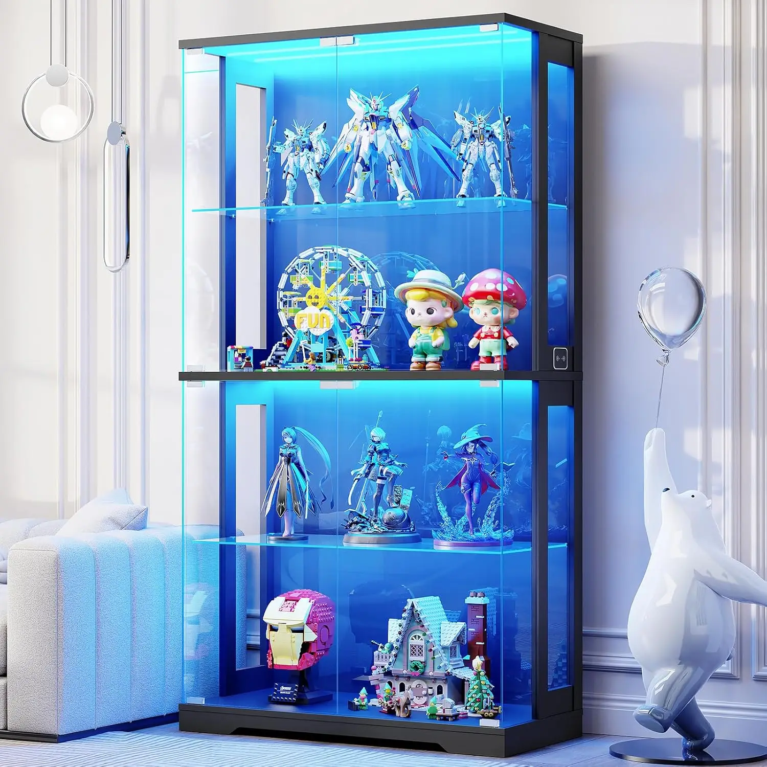 Vitrina con Puertas de Vidrio, Vitrina de 4 Niveles con Superficie Transparente, Vitrina de Vidrio de 65 Pulgadas con 3 C