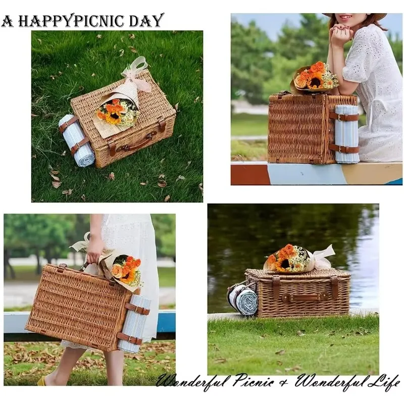 Wicker Picnic Basket Set for 4 Persons | Large Willow Hamper with Large Insulated Cooler Compartment