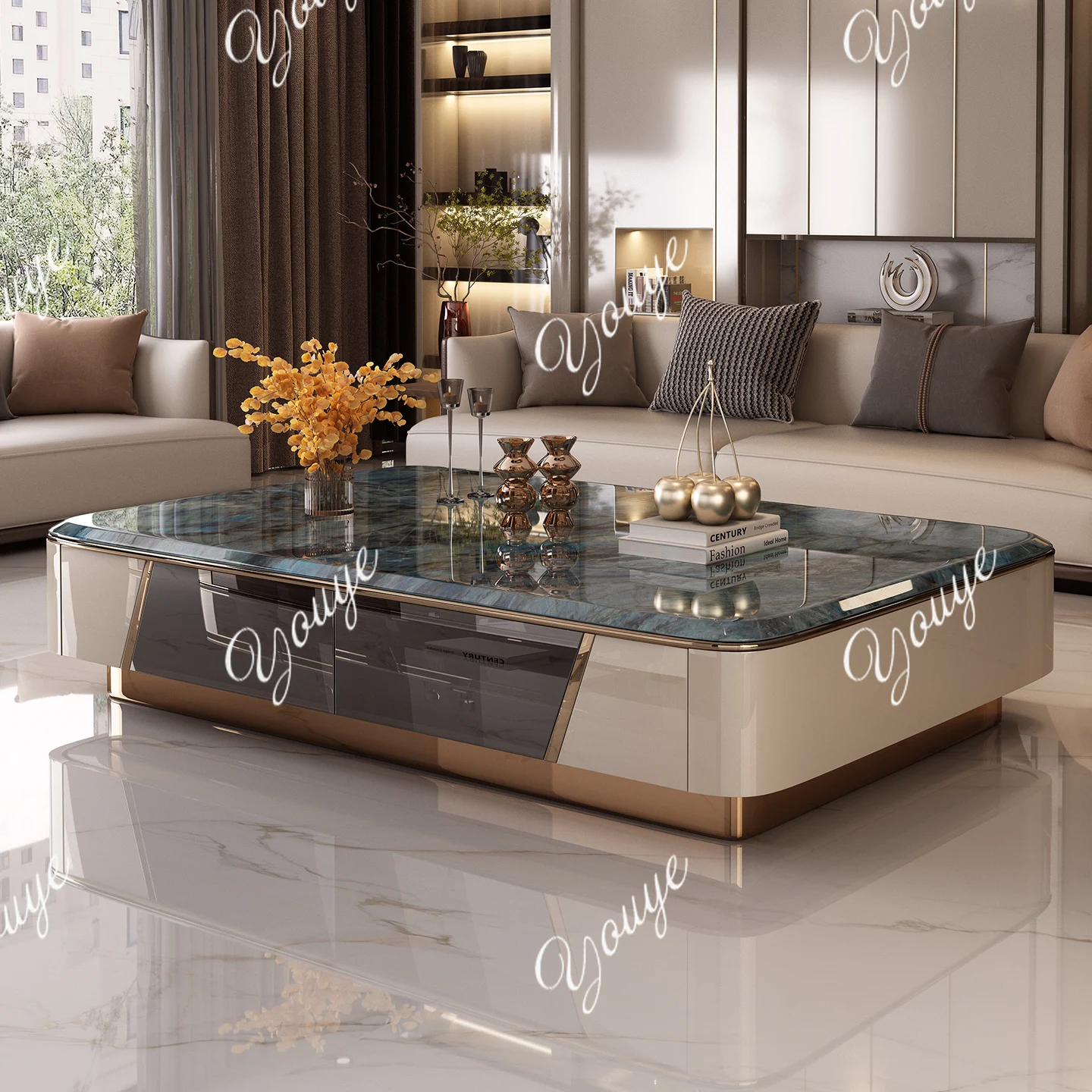 New microcrystalline stone coffee table high-end solid wood light luxury living room tea table home paint cabinet