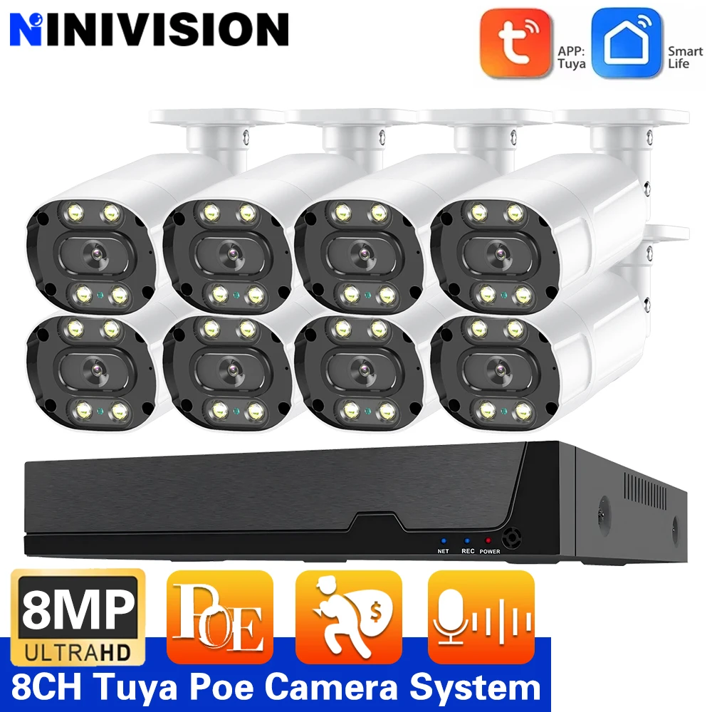 

4K Ultra HD H.265 Камера безопасности POE Система 8MP Водонепроницаемая наружная камера ночного видения Цветной видеорегистратор Комплект с приложением TUYA