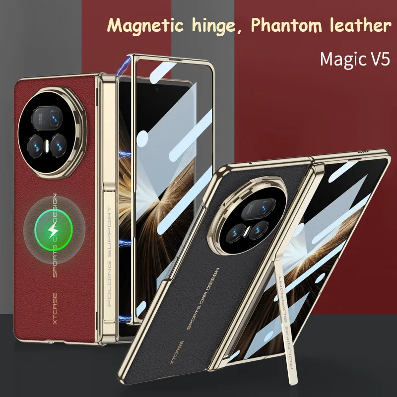 

Plated Gold Frame Leather Hinge bracket Supports Built-in Magnetic Ring Glass Case For Huawei Honor Magic V5 5G Protect Cover