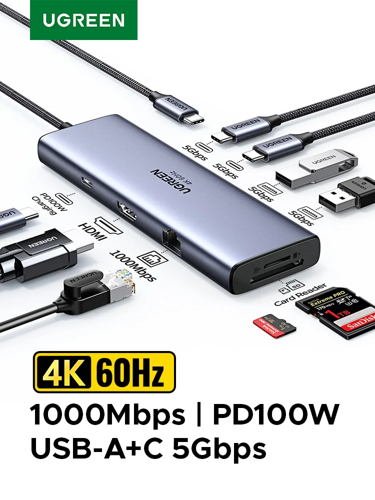 Stacja dokująca UGREEN USB HUB, Type-C do HDMI 4K60Hz, Gigabit RJ45, SD/TF, USB-A/C, Transfer danych 5Gbps, USB3.0 HUB do akcesoriów laptopowych i PC — zdjęcie produktu 7