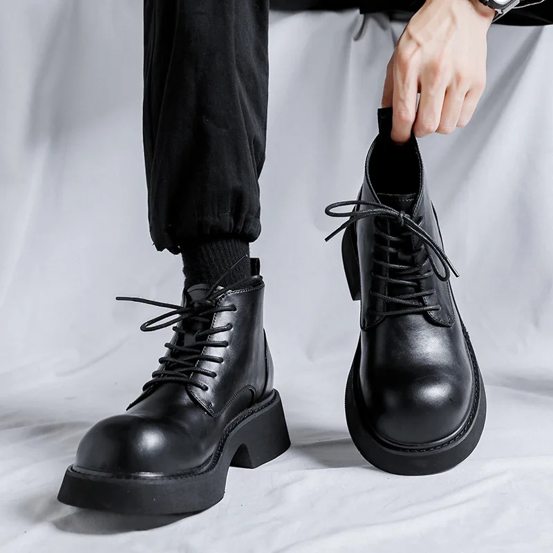 New British Men Fashion Black Men Boots Dress Leather Shoes Platform Boots Outdoor Height Increasing Shoes Motorcycle Boots