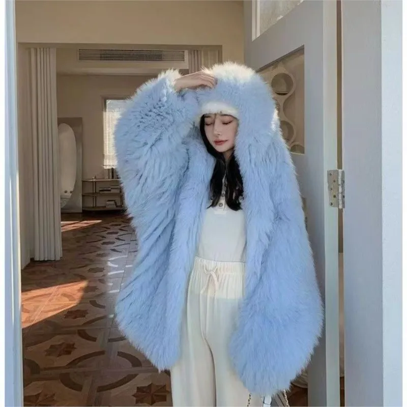 معطف جديد بغطاء للرأس طويل الشعر مع مزيج خفيف من الفرو والقطيفة