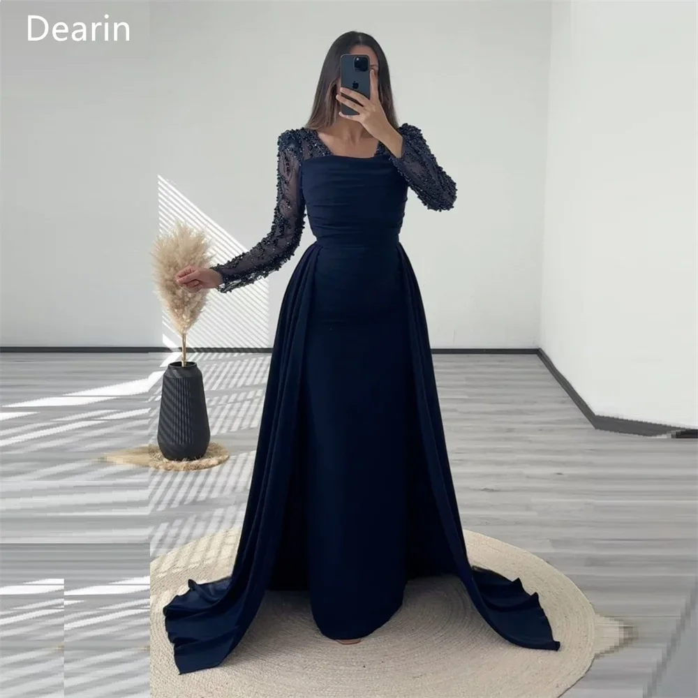 

Customized Women Formal Gown Evening Dearin Square Collar Column Floor Length Skirts Tulle Beading Bespoke Occasion Dresses Prom