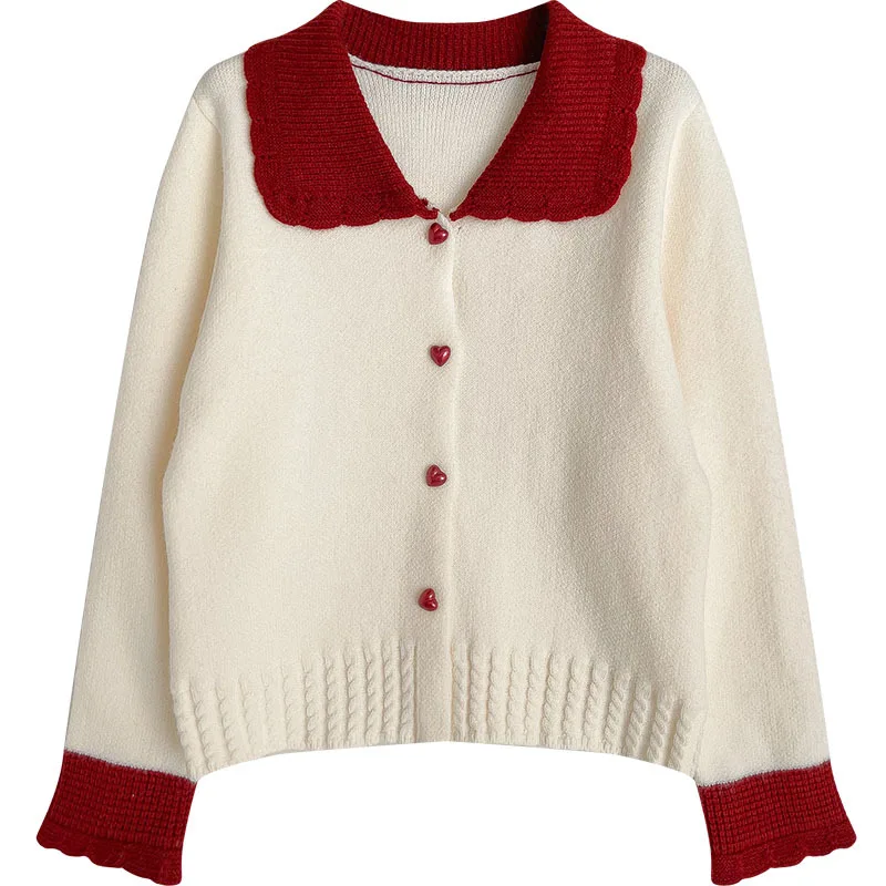 Autumn Winter Sweet Preppy Style Knitted Sweater Casual Hit Color Long Sleeves Cute Sweater Fashion Milk White Cardigan Sweater