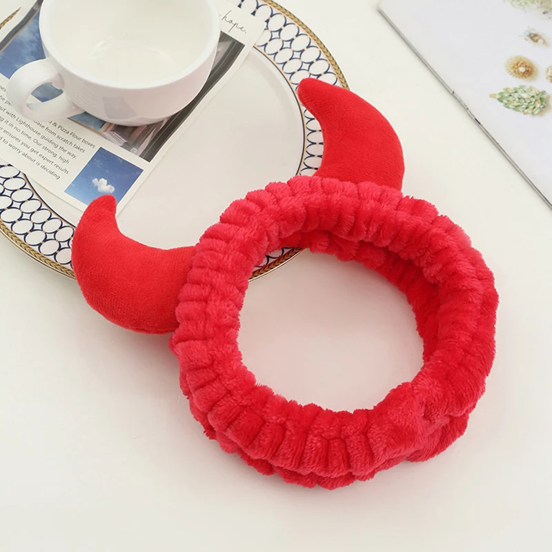 Plush Headband Women Girls Cute Red Horns Soft Elastic Hairband Wash Face Sport Velvet Hair Band Party Bandana Hair Accessories