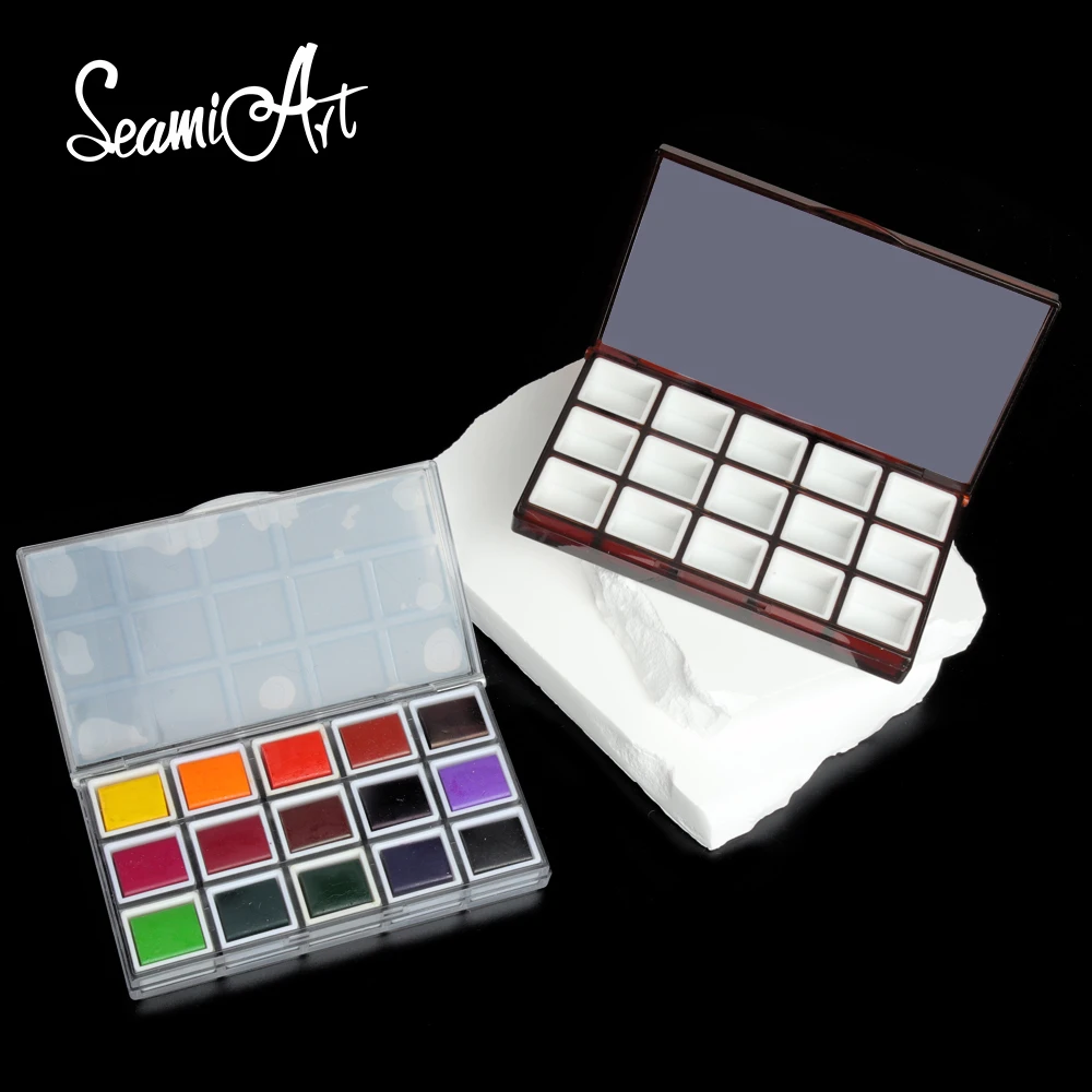 SeamiArt 15 Grids Sealed MoIst Portable Plastic Painting Box with Half Pans for Watercolor Oil Acrylic Gouache Paint Subpackage