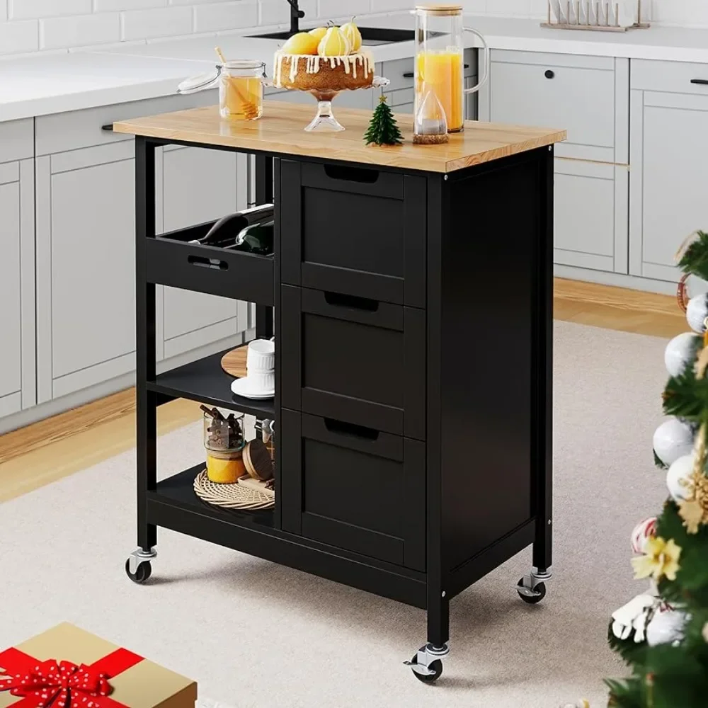 

Kitchen Cart for Home Rolling Serving Utility Trolley Cart on Wheel With 3 Drawers and 3 Storage Shelves Bar Black Freight Free