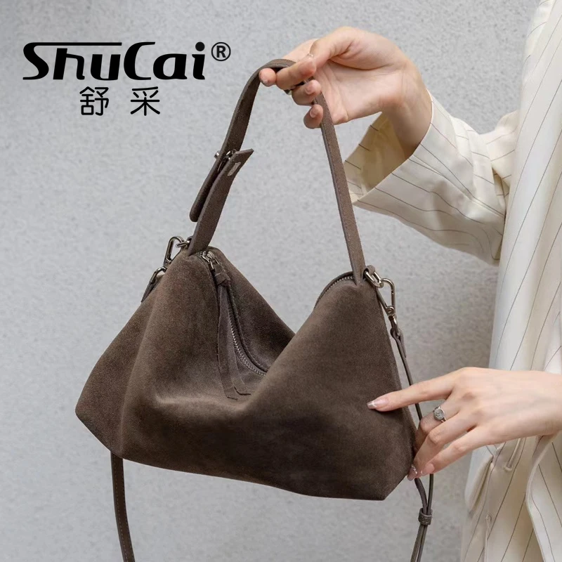 Fashion Autumn Winter Big Boston Tote Soft Matte Suede Cow Leather Women\'s Handbag Shoulder Crossbody Bag For Women Grey Brown