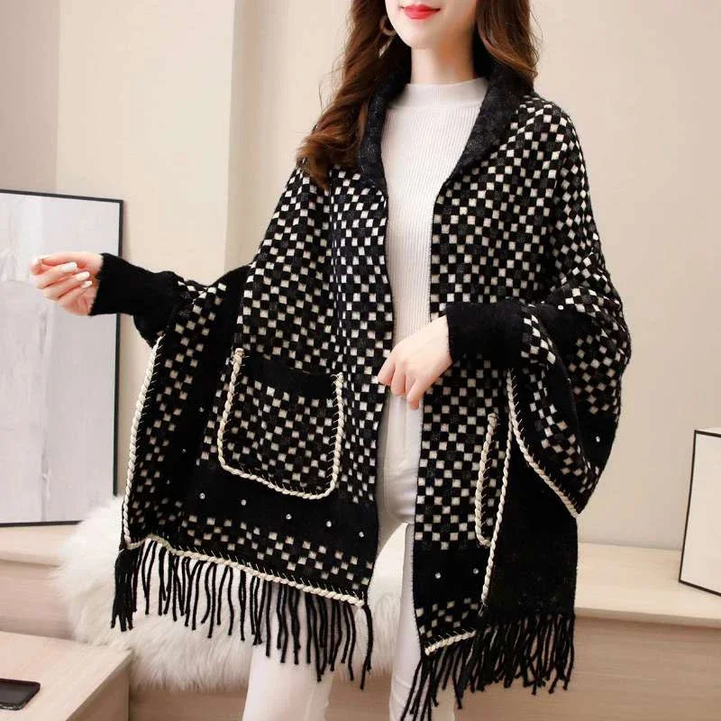 New Popular Winter Women Pearl Soft mink velvet Plaid Shawl With Sleeves Knit Exquisite Pocket Warm Sweater Tassel Poncho Cape