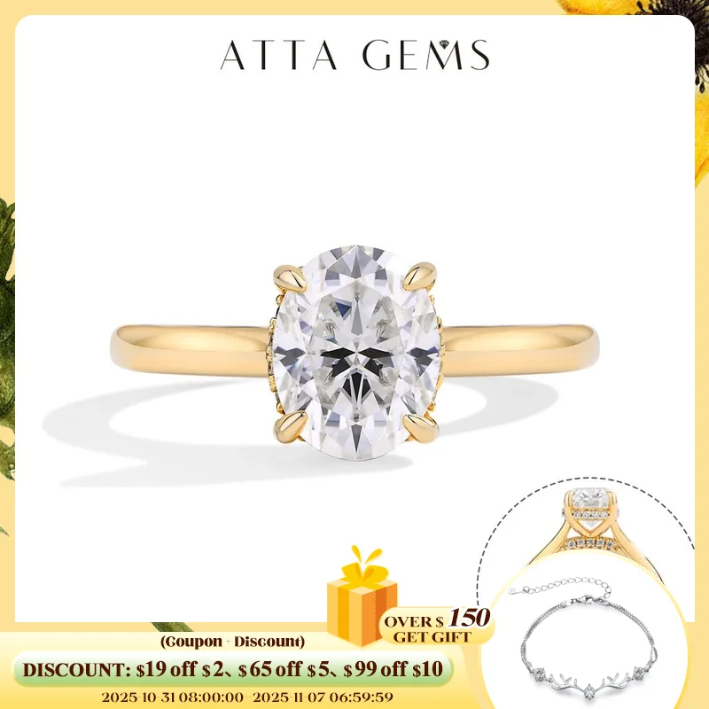 

ATTAGEMS 2,0 карата овальной огранки с бриллиантом из муассанита для женщин кольцо с ореолом S925 серебро желтое золото покрытие обручальное ювелирное изделие невесты подарок