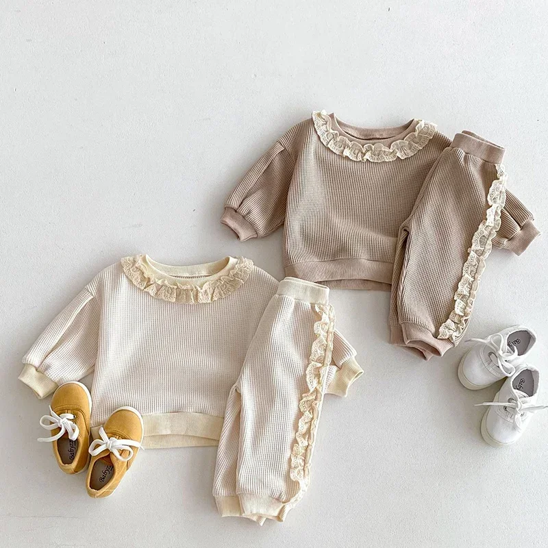 2024 New Autumn Newborn Baby Girls Clothing Set Long Sleeved Waffle Cotton Lace Splicing Pullover+Pants Children Clothes