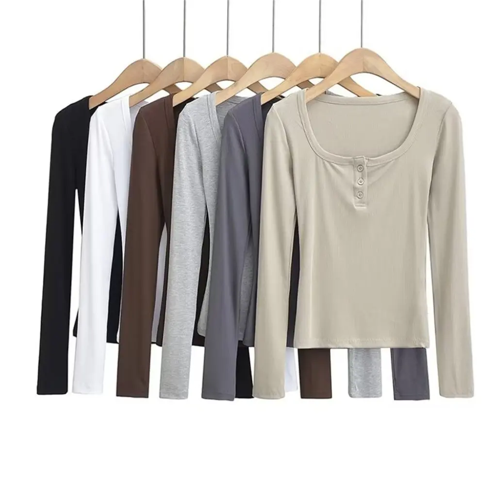

Модная женская однотонная футболка с длинными рукавами в европейском и американском стиле с квадратным воротником, облегающая рубашка с внутренней ключицей, топ