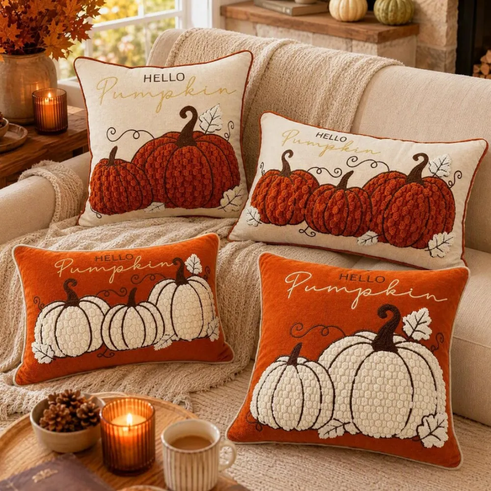 30x50cm 45x45cm Farmhouse Embroidered Throw Pillowcase Autumn Decorative Fall Halloween Cushion Cover for Sofa Bed Couch Decor