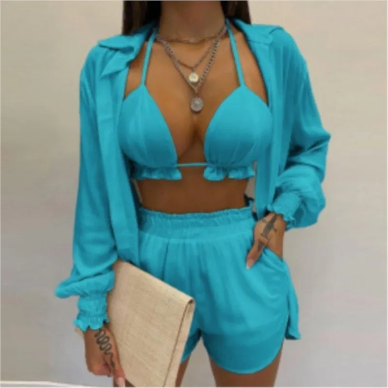 

Fashion Print Short Three Piece Set Women Sexy Camisole Shirt Cardigan Shorts 3 Piece Sets Female Casual Beach Vacation Clothing