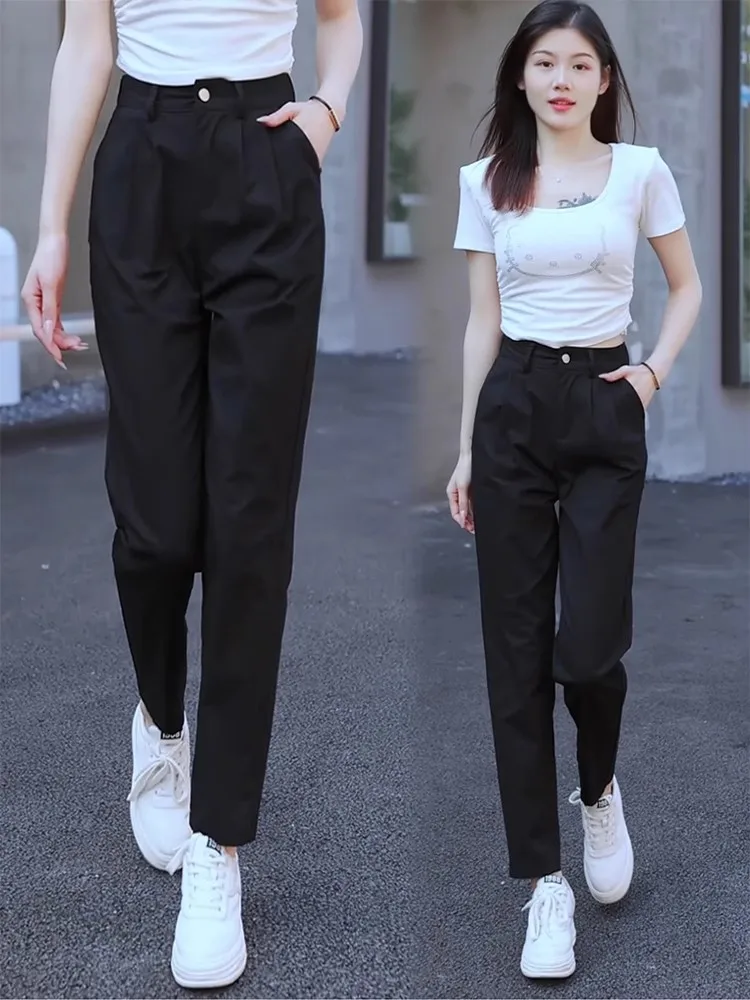 High Waist Straight Leg Harem Pants Women's Summer Thin Casual Loose Fit Slimming Capri Pants Cotton Blend Comfortable view 3