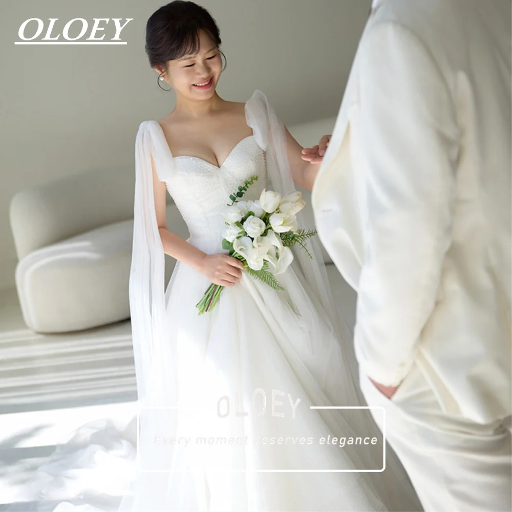 OLOEY Elegant Sweetheart Neck A Line Wedding Dress Flowy Tulle Beaded Korea Photo Shoot Bridal Gown Lace-up Customized