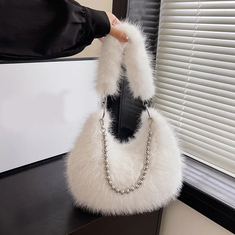 Women's Faux Fur Fashion Underarm Bag Autumn&Winter Soft Plush Tote Handbag Luxury Fluffy Shoulder Bag Furry Chain Crossbody Bag