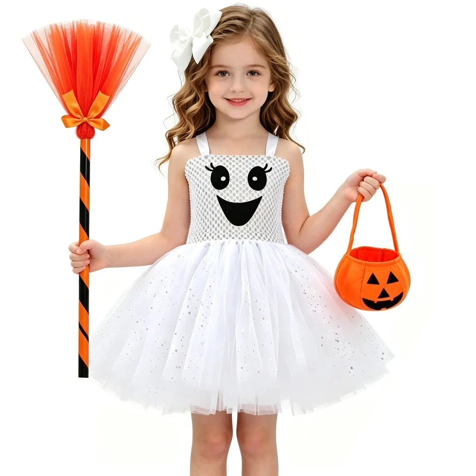 Girls White Ghost Tutu Dress Halloween Cosplay Costume With Broom Pumpkin Candy Bag Accessory Set Kids Party Fancy Dress ZZ12