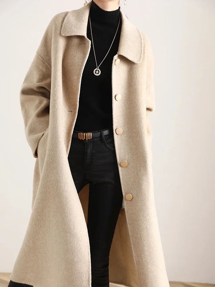 100% Australian wool women's coat casual solid color long coat doll collar double-sided tweed pocket single-breasted street