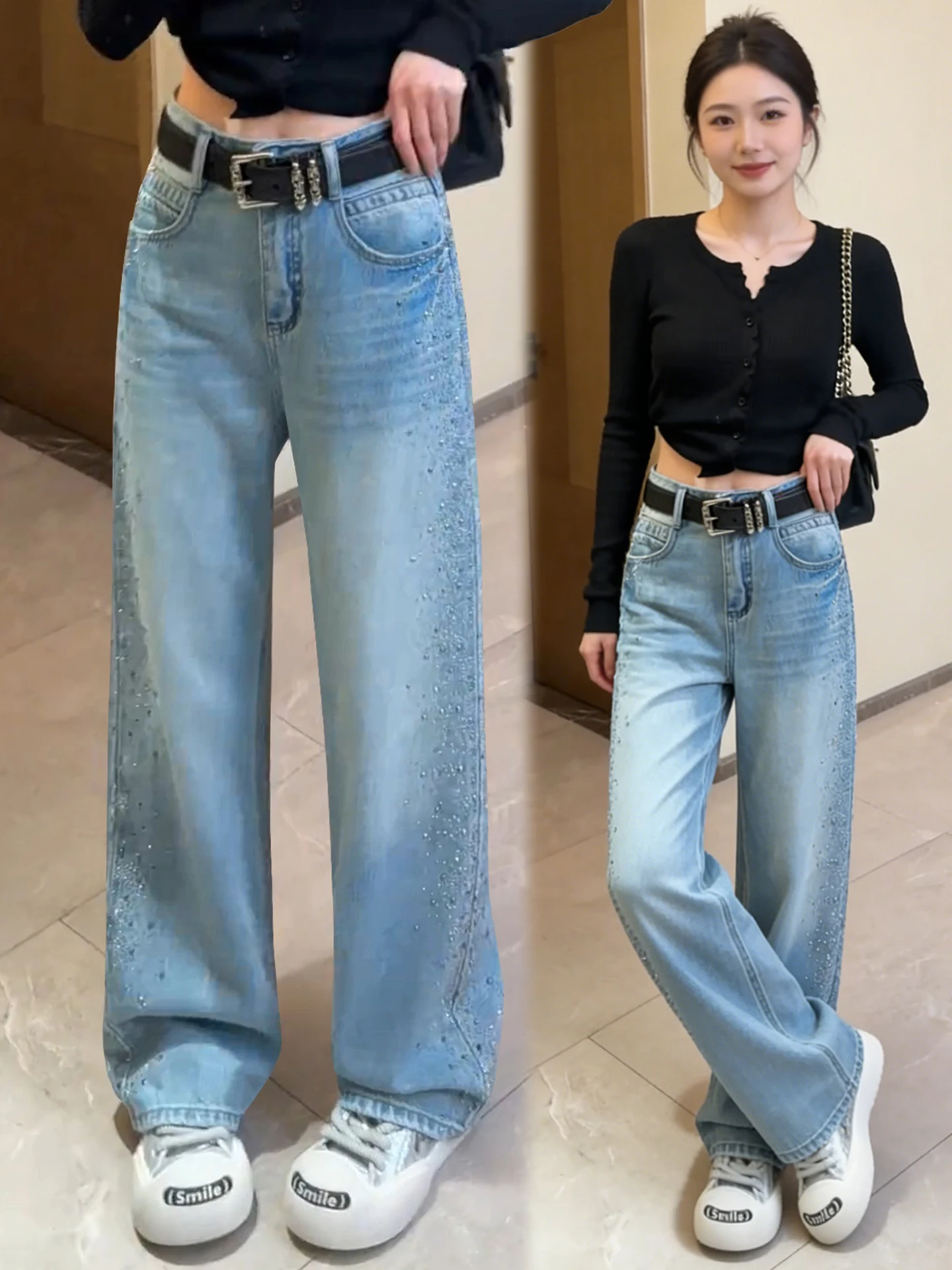 

High Waist Straight Leg Denim Jeans Women's Spring Autumn New Popular Glitter Slim Fit Narrow Version Wide Leg Pants