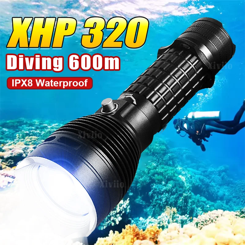 

90000LM Самый мощный дайвинг фонарь XHP320 светодиодный высокой мощности аккумуляторный дайвинг факел водонепроницаемый открытый дайвинг 600м прожектор