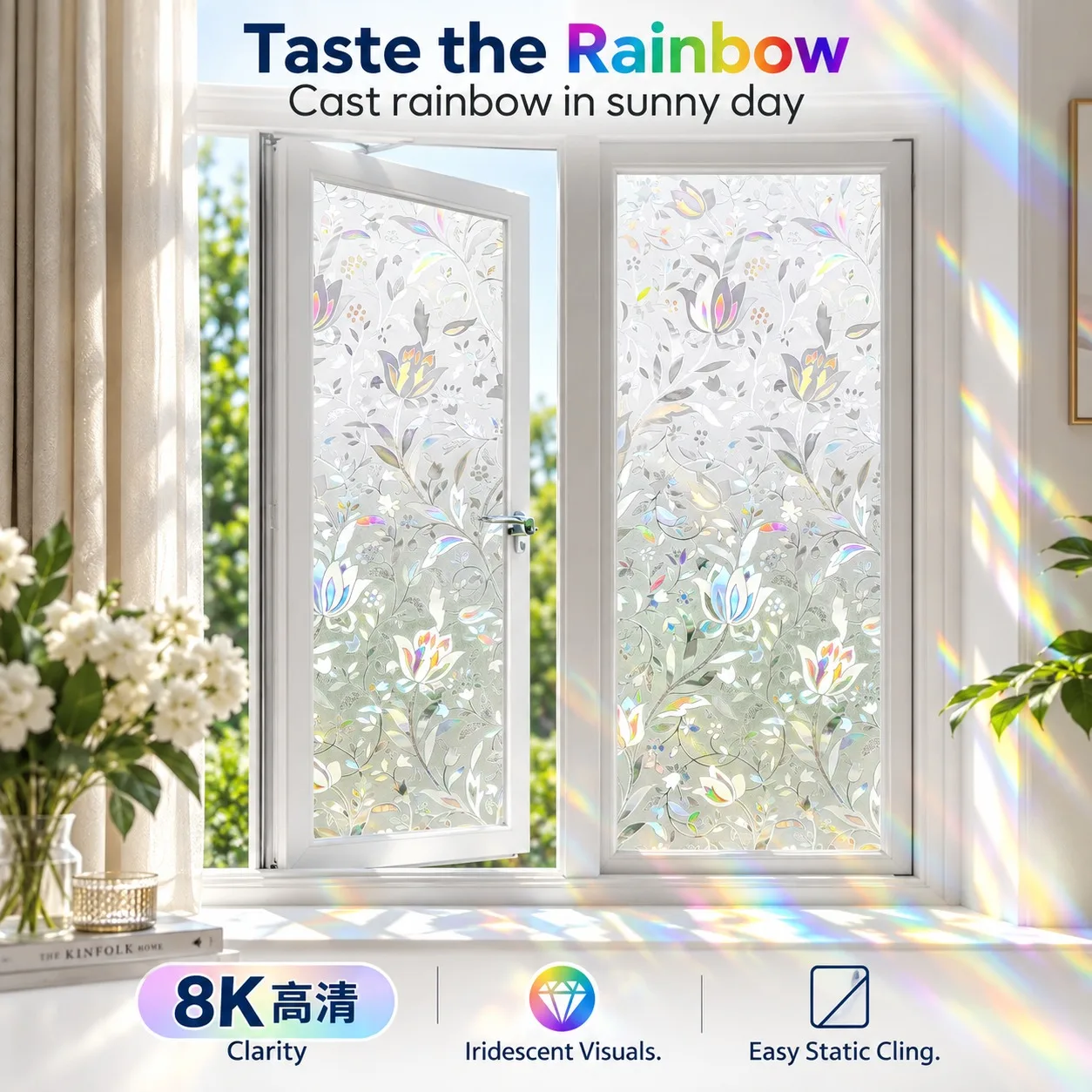 Iridescent Floral Privacy Window Film Rainbow Suncatcher Static Cling No Glue Decorative Glass Sticker for Bathroom Home