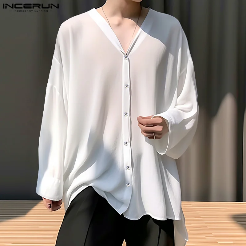 2024 Men Shirt Solid Color V Neck Long Sleeve Korean Casual Men Clothing Loose Streetwear Fashion Leisure Shirts S-5XL INCERUN