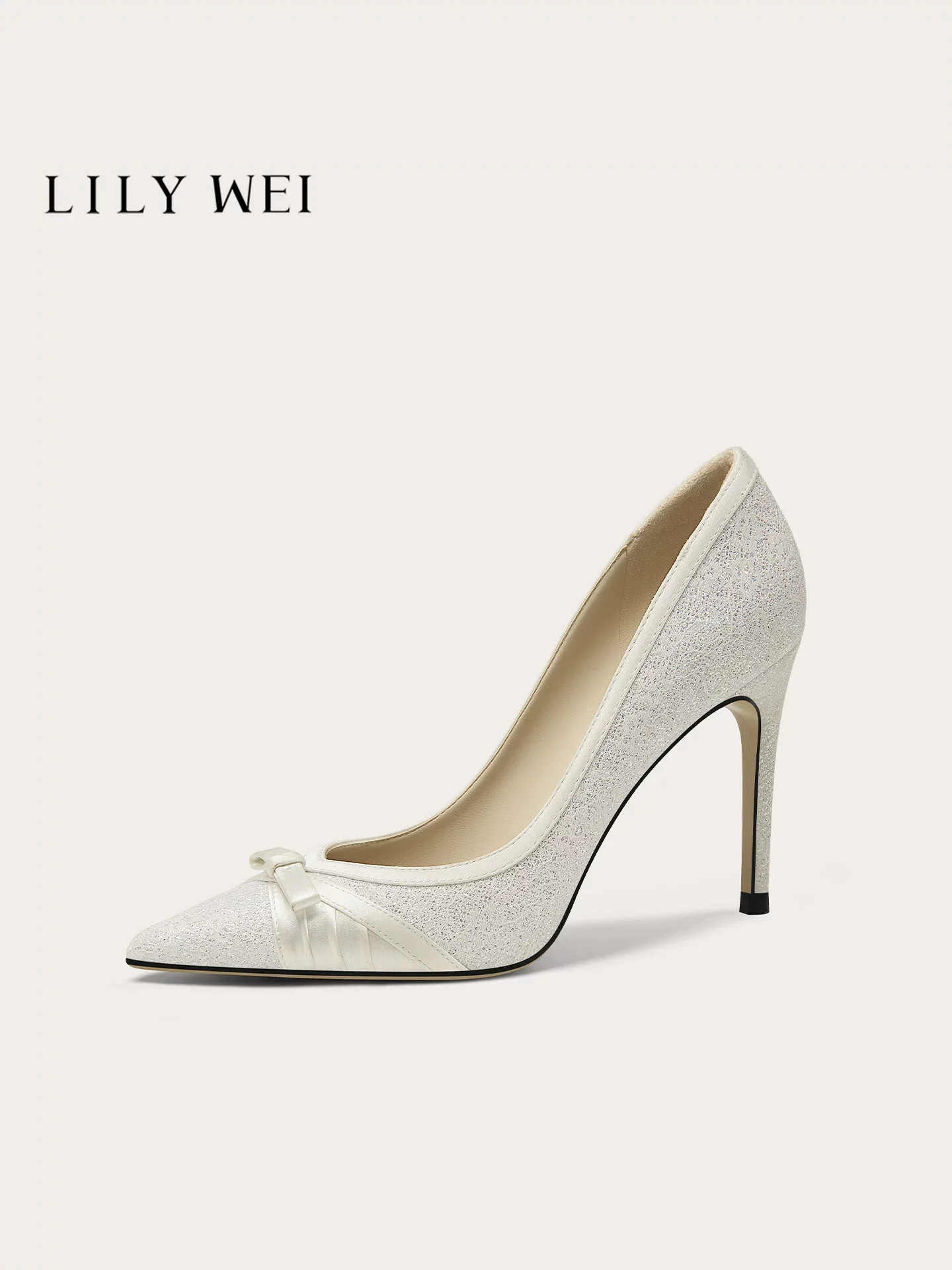 Spring new pointed shallow mouth ribbon bow sequin wedding shoes banquet large size small size widened high heels women's shoes