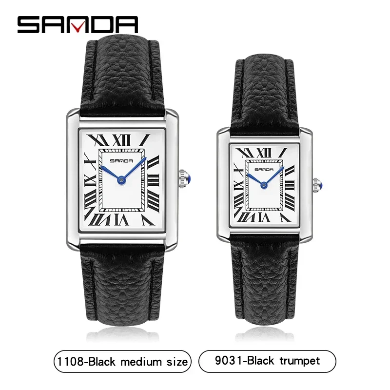 SANDA 2023 nuevo Reloj de pareja 30M impermeable Casual relojes de cuarzo de moda resistente al desgaste correa de cuero diseño de esfera cuadrada Reloj