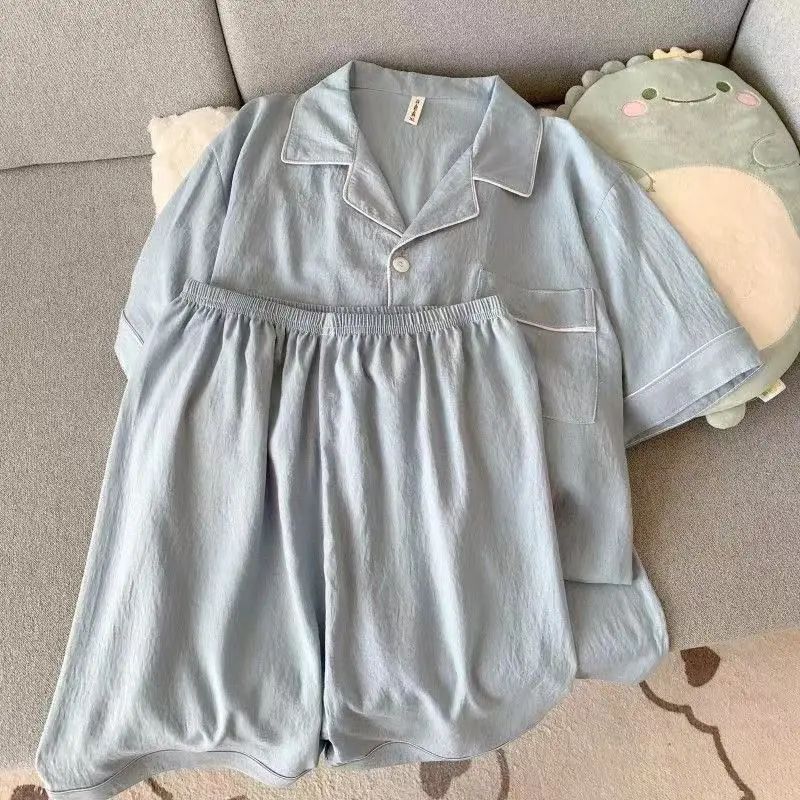 طقم بيجامة رجالي فاخر جديد بلون سادة وأكمام قصيرة وطية صدر السترة وسروال مرن مقاس كبير بيجامات صيفية ملابس نوم