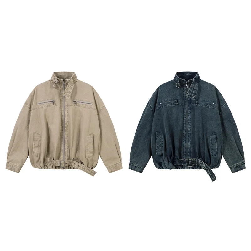 American Street Style Stand Collar Denim Jacket Unisex Short Zipper Design Loose Jacket Cool Casual Trendy Brand