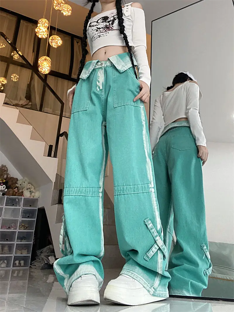 

Korea Style Vintage Jeans Women All Seasons Lapel Design High Street Dopamine Wear Straight Wide Leg Pants Y2K