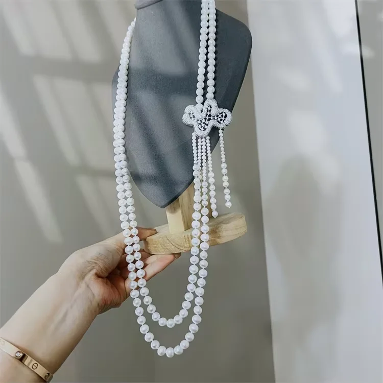 

2 Strands White Freshwater Pearl CZ Connector With Tassels Necklace