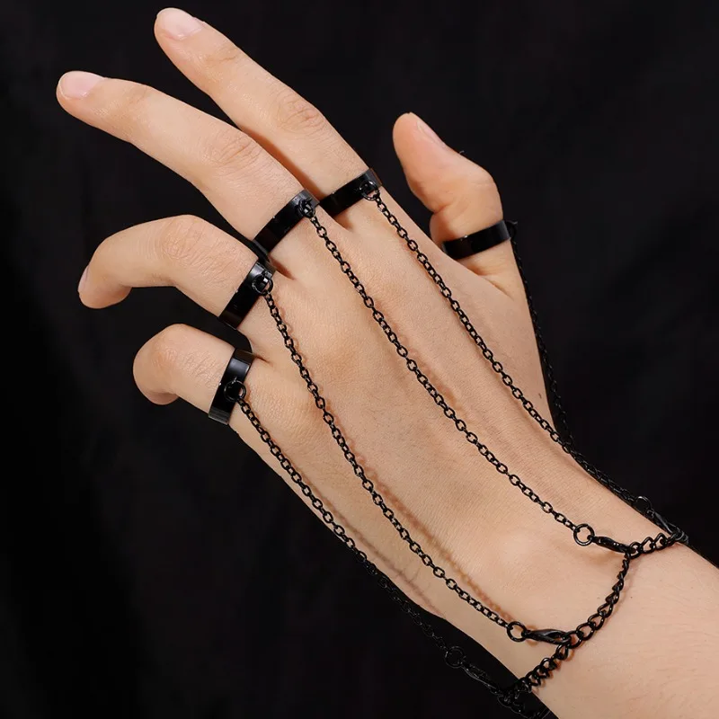 Punk Finger Chains Ring Women Long Adjustable Decorative Hand Black Cool Bracelet Rings Girls Personalized Jewelry Accessories