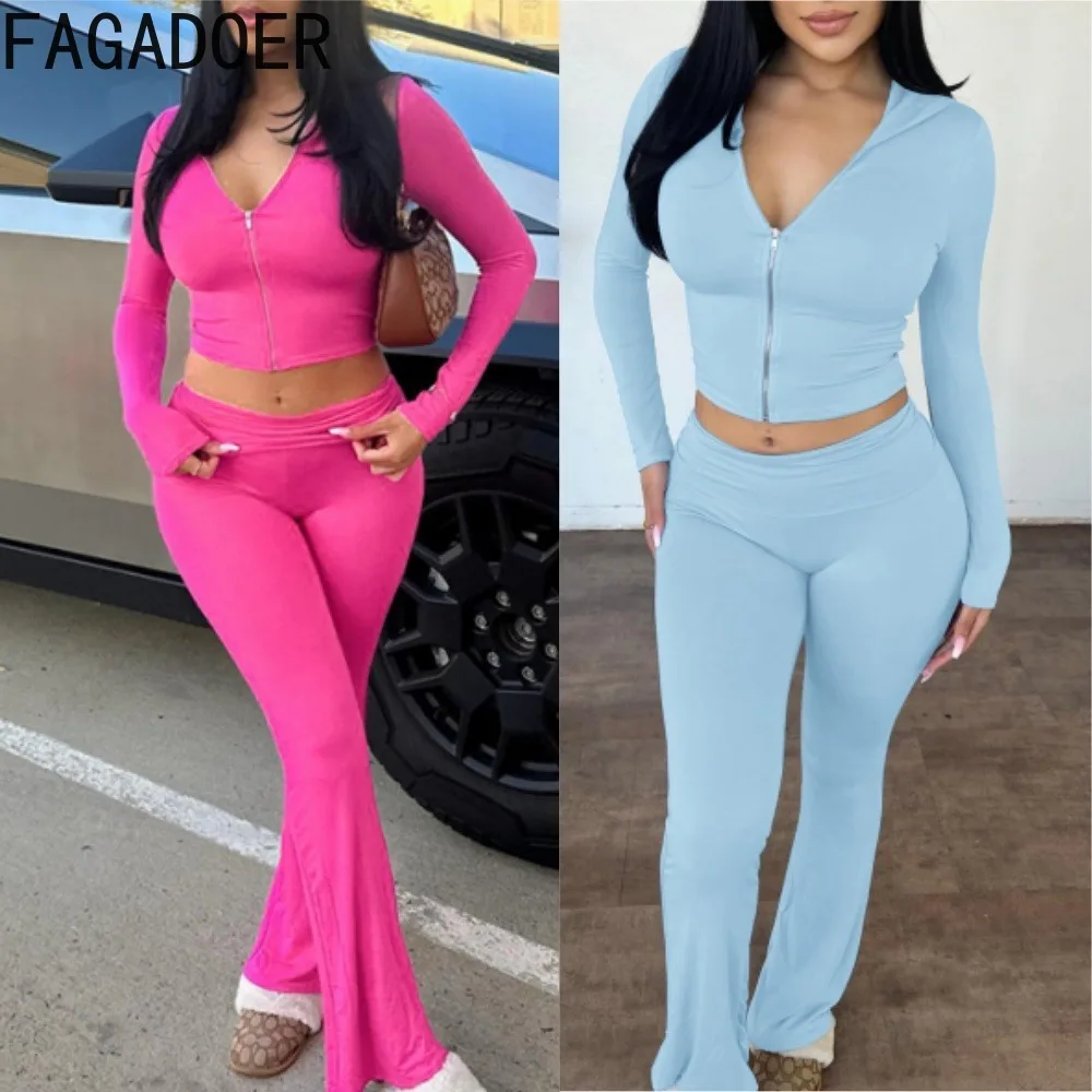 

FAGADOER Autumn New 2 Piece Sets Women Outfit Casual Zip Hooded Crop Top + High Waist Flared Pants Suits Y2K Streetwear Clothing