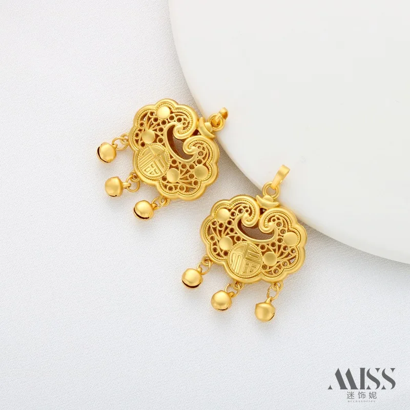 18K Gold Plated Matte Sand Gold Lucky Lock Fu Pendant, Charms for DIY Sweater Chain & Necklace Jewelry