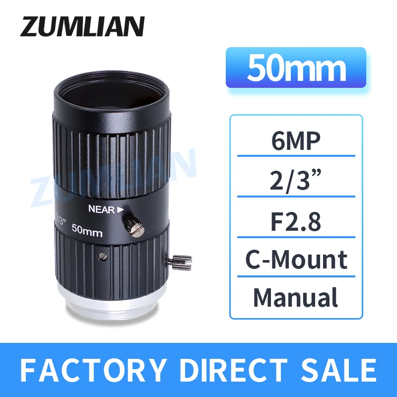 ZUMLIAN 50mm Camera Lens 6MP FA 2/3 Inch C-Mount F2.8 Manual Iris 6Megapixel Machine Vision 4K CCTV Industrial Camera