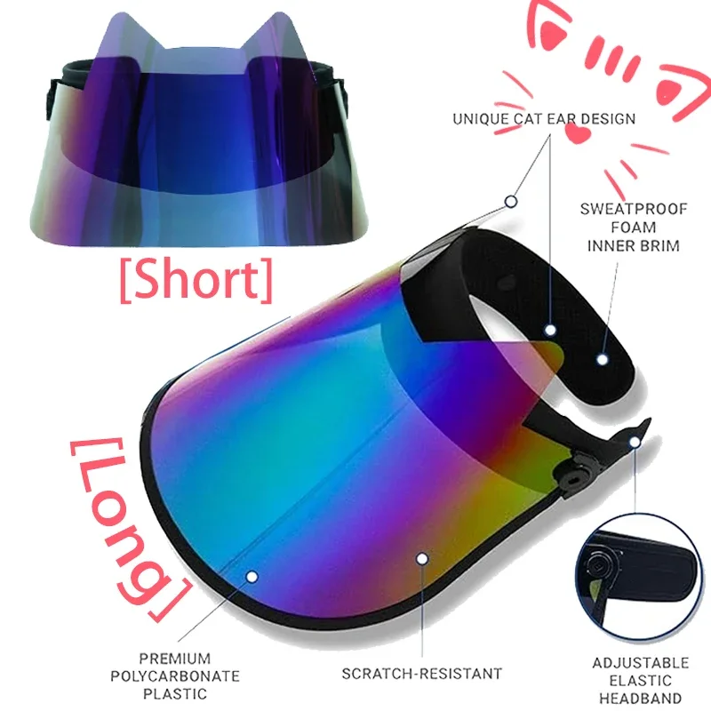 Kitty Ear Golf Cap for Women Men Full Face Shield Outdoor Sport Travel Hat Anti-UV Colorful Beach Long Short Plastic PVC Visors