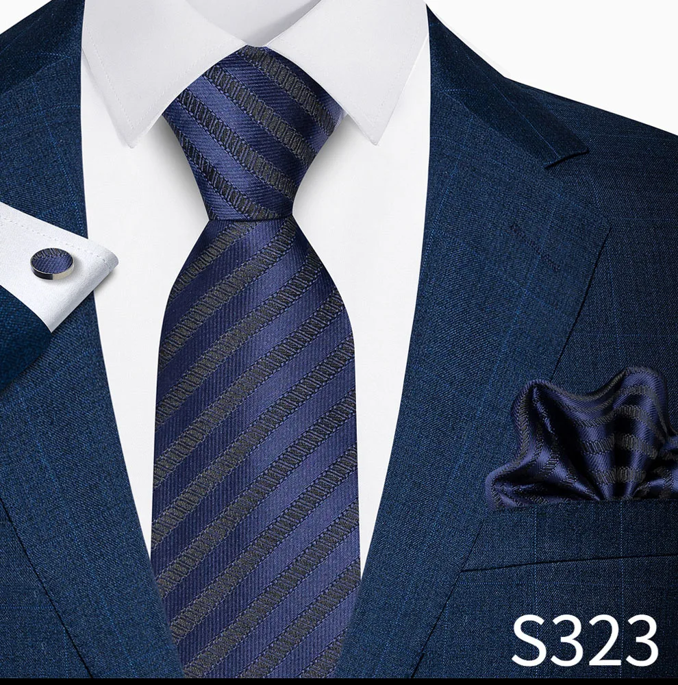 Hochwertiges 8-cm-Krawatten-Einstecktuch-Set für Herren, schwarz, blau gestreift, Hochzeitsgeschenk, Krawatte, Anzug-Accessoires, passend für den Arbeitsplatz – Detail 11
