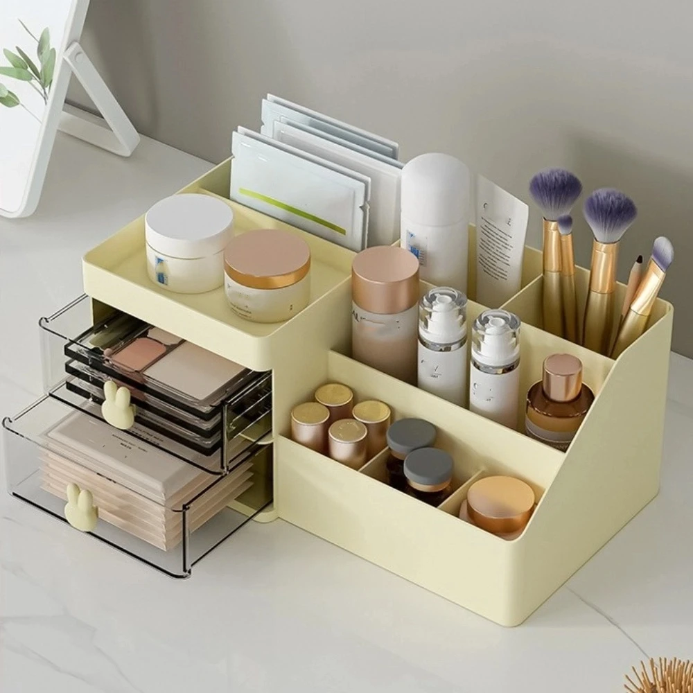 10 Compartments Desktop Stationery Storage Box 2 Drawers Large Capacity Cosmetic Drawer Organizer Cute Bunny Decorative