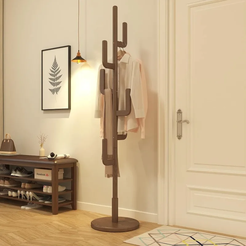 Freestanding unique design cactus hanger, height-adjustable wooden hanger with 6 hooks, suitable for entrance halls, bedrooms