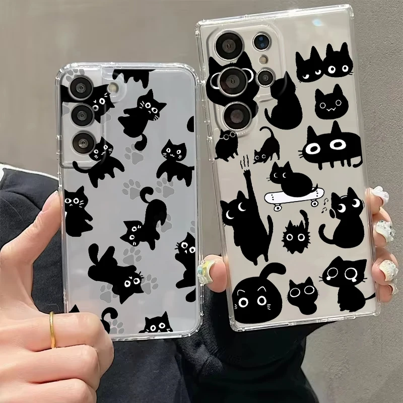 Funny Black Cat Cute Phone Case For Samsung Galaxy S26 S25 S24 S23 S22 Ultra S20 S10 S21 FE 5G Plus Transparent Cover