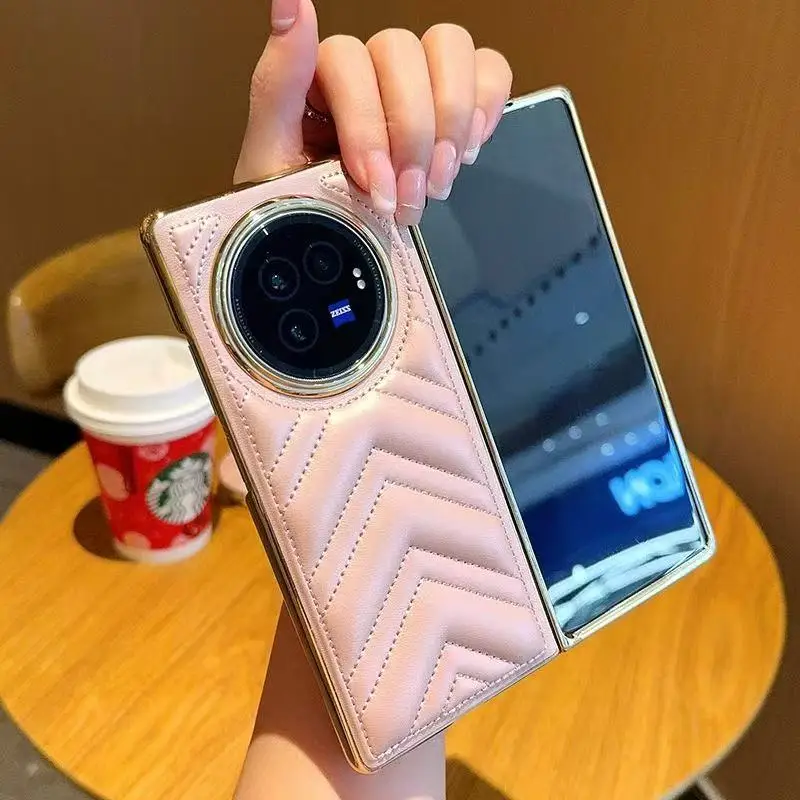 

Luxury PU Leather Line Pattern Electroplated Border Phone Case For Vivo X Fold 2 3 5 Pro All Inclusive Shockproof Protect Cover