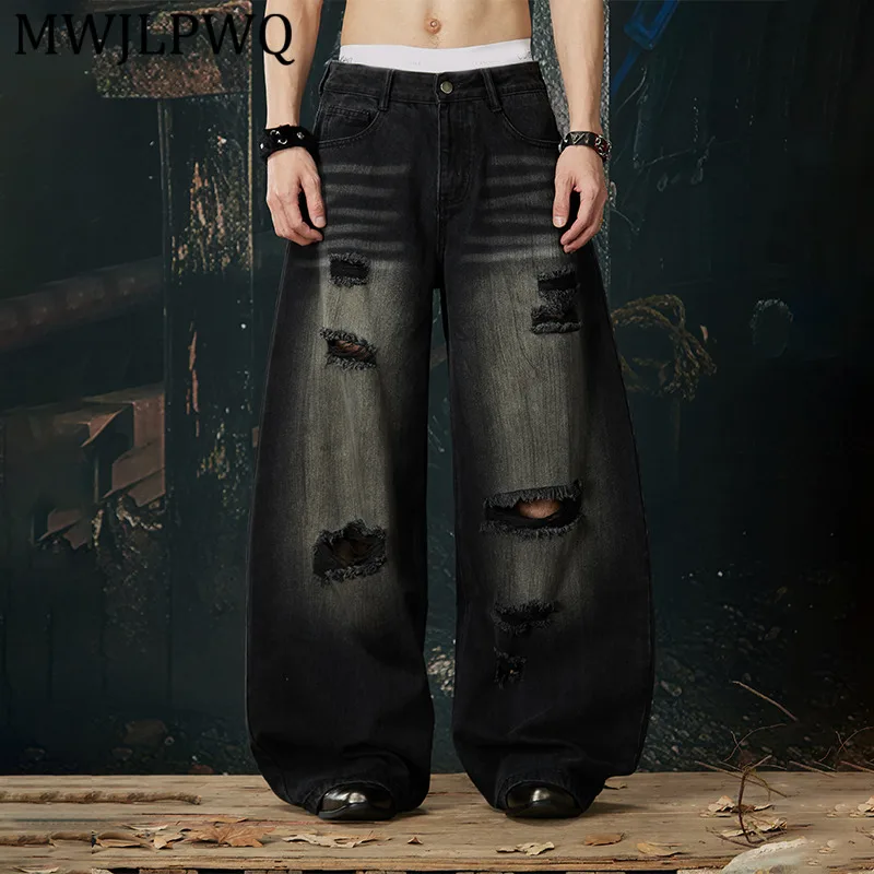 

MWJLPWQ Men's New Heavy Washed Distressed Ripped Jeans High Street Loose-Fit Punk Straight-Leg Trousers Spring Autumn 13938