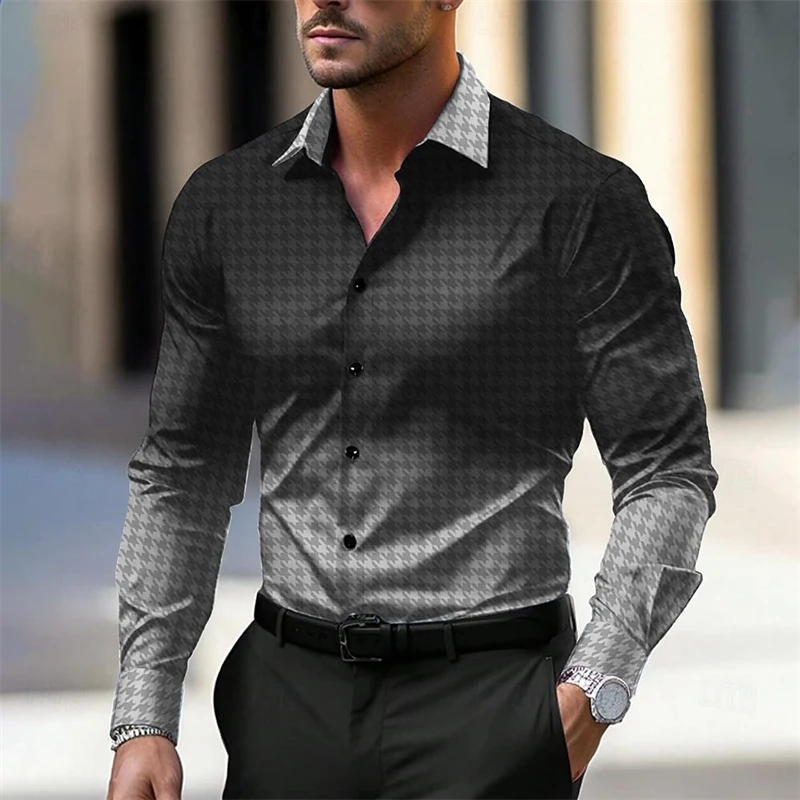 Camisas xadrez simples masculina de manga comprida gradiente estampada em 3D, blusa casual solta diária, tops da moda, primavera, outono