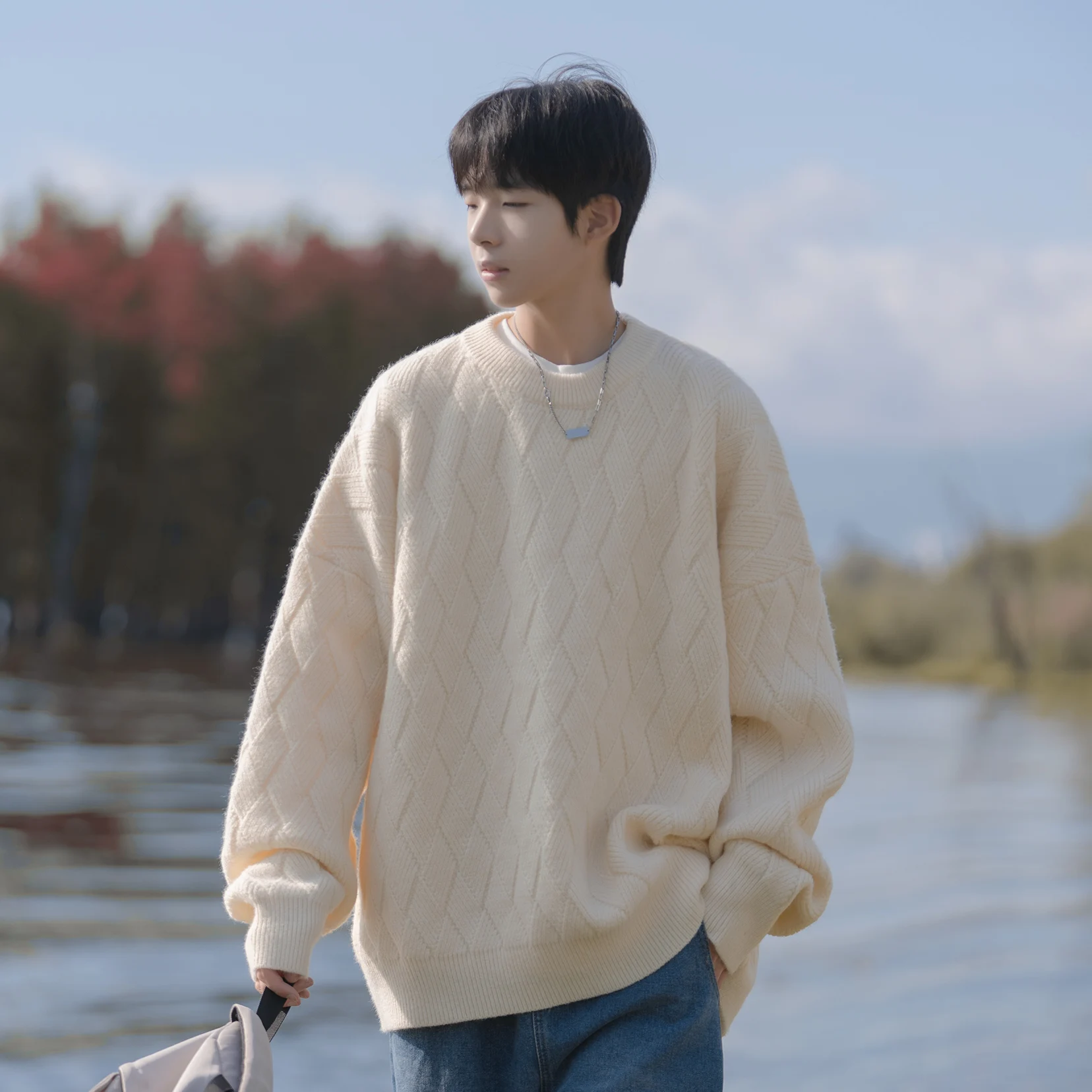 

Мужской шерстяной пуловер с круглым вырезом, свободного кроя, утепленный, модный, осенний, новый, повседневный, комфортный