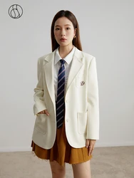 DUSHU Notched Collar Office Lady White Loose Blazers Autumn New Solid Single Breated Twill Women Suits Straight Female Jackets