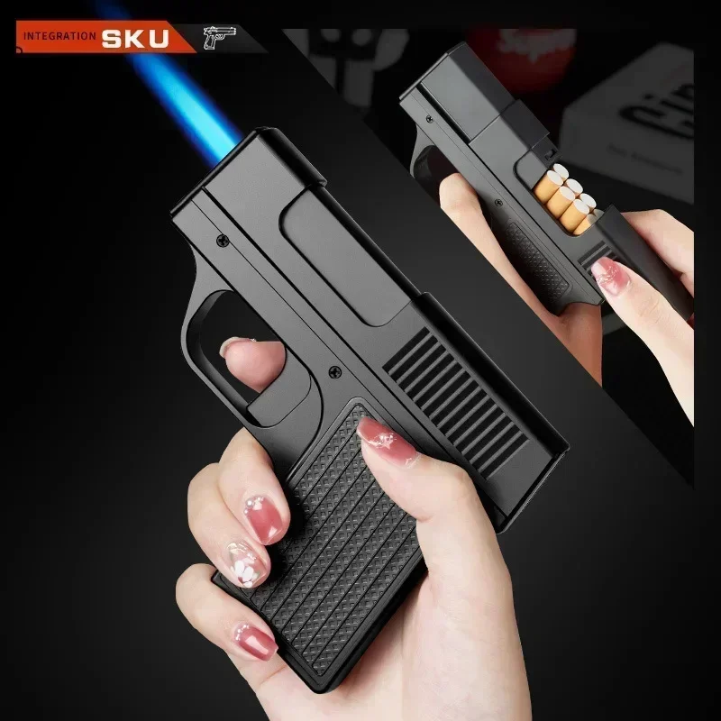 Unusual Pistol Style Lighters with Cigarette Case Jet Turb Torch Lighter Capacity 10PCS Cigarette Windproof Cigar Lighter